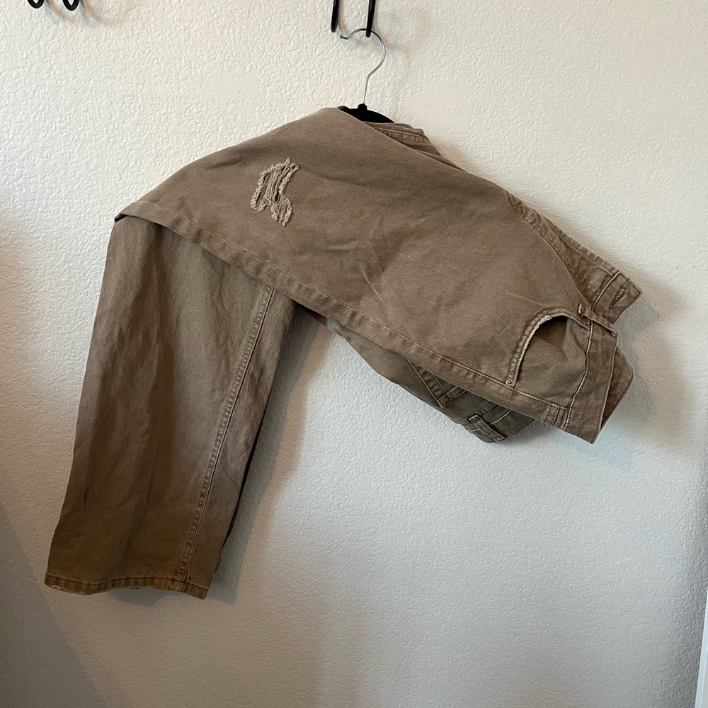 High-Rise Straight Distressed Tan Jeans